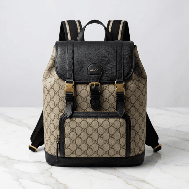 Mochila Gucci GG Supreme Bege Couro Preto