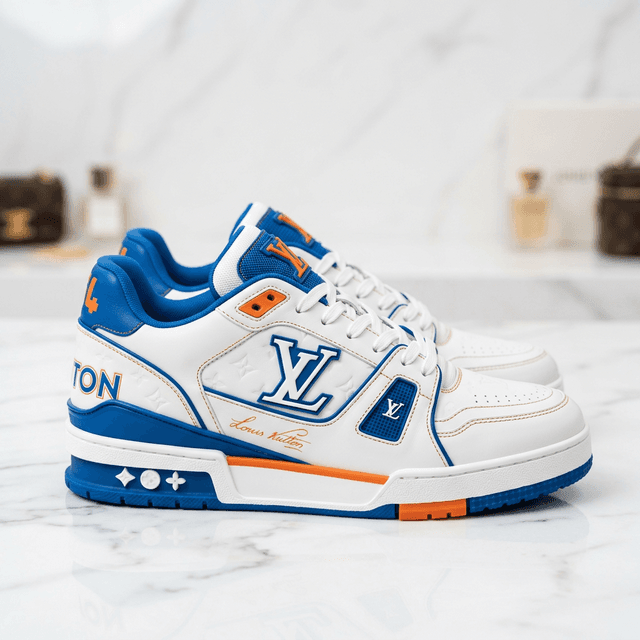 Tênis Louis Vuitton LV Trainer Branco Azul Laranja